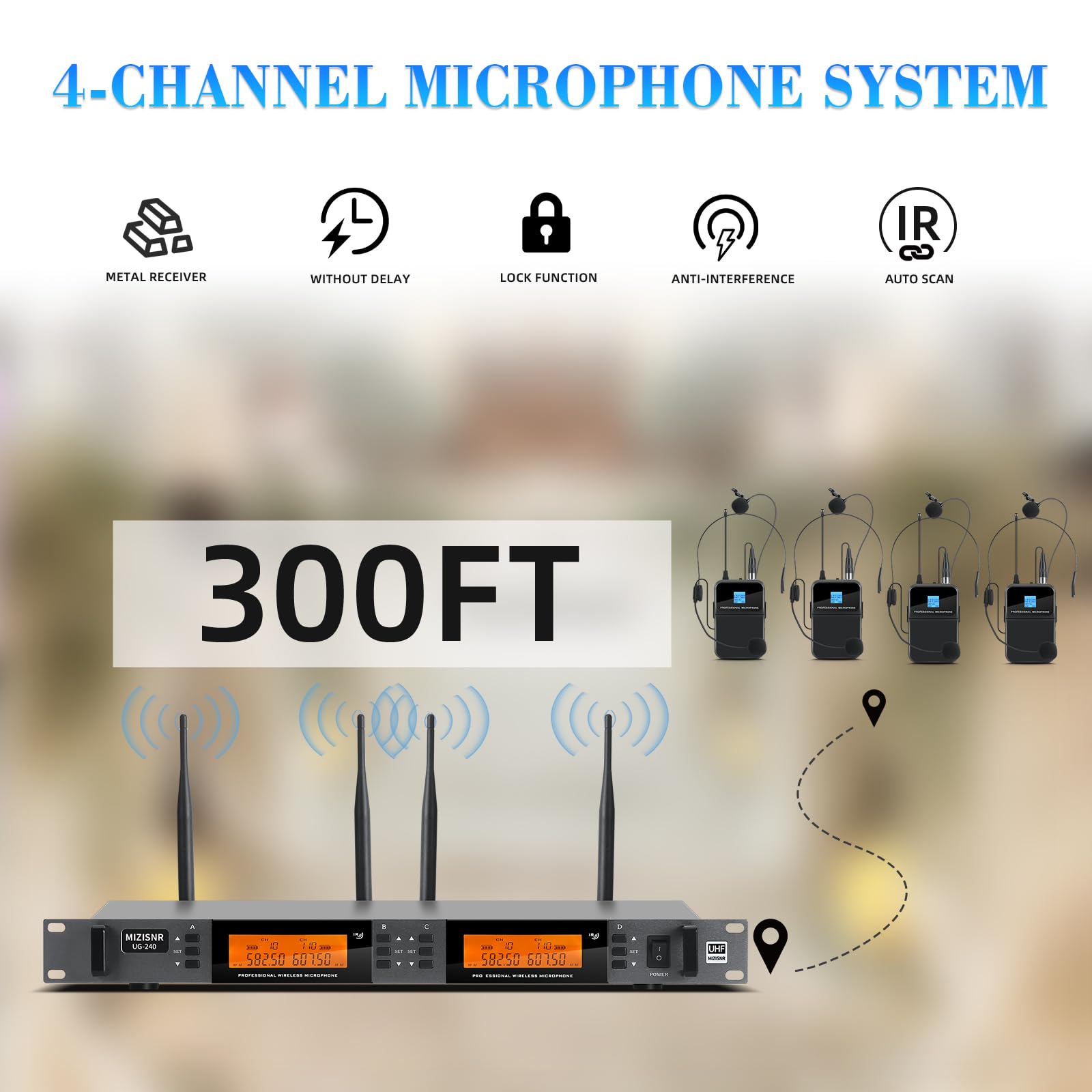 MIZISNR 4 Channel Wireless Lapel Microphone System, UHF Metal Receiver Headset Lavalier Mics Set with 4x100 Adjustable Frequency